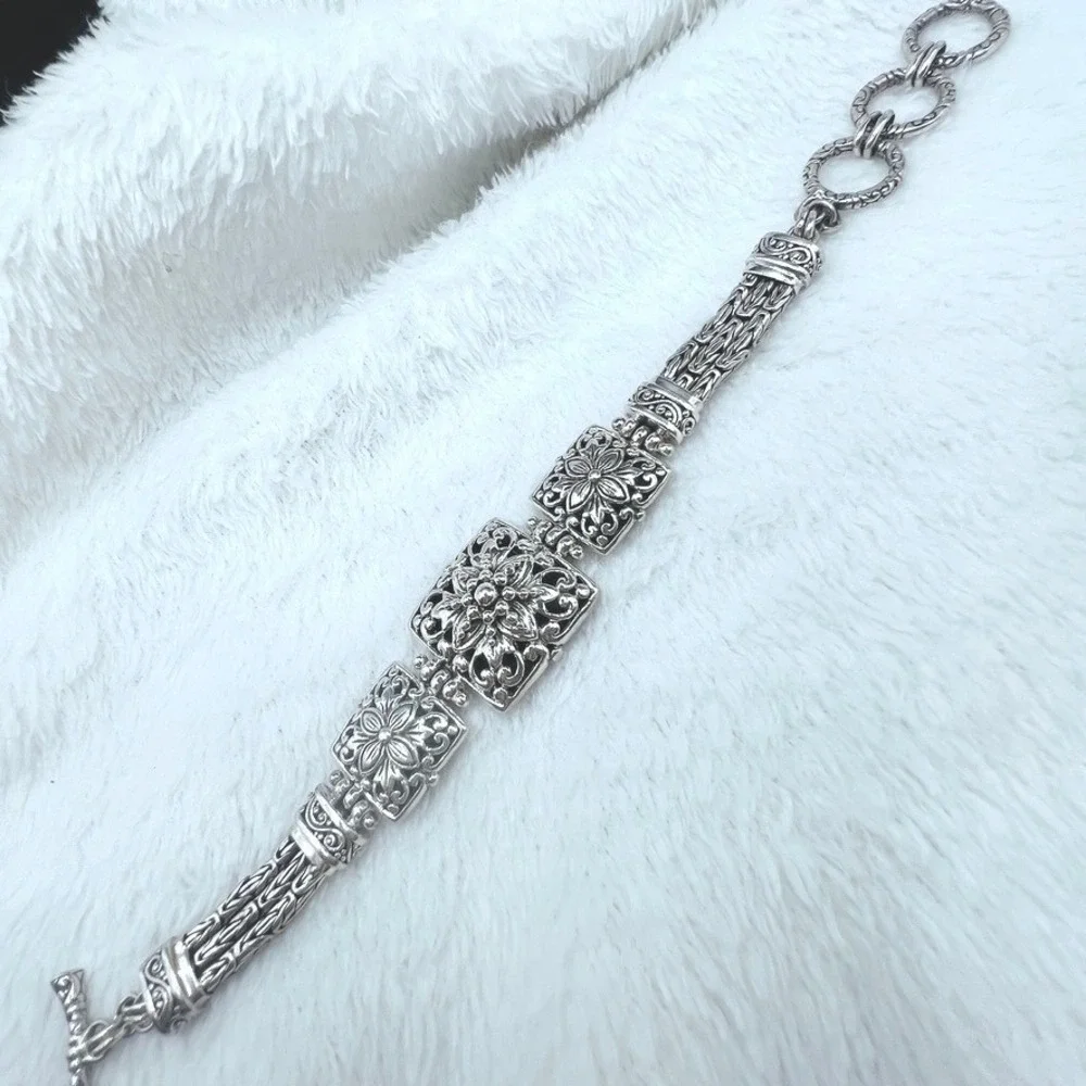 Sterling Silver Sarda Panel Bracelet Raised Square Floral Toggle Clasp Open Work